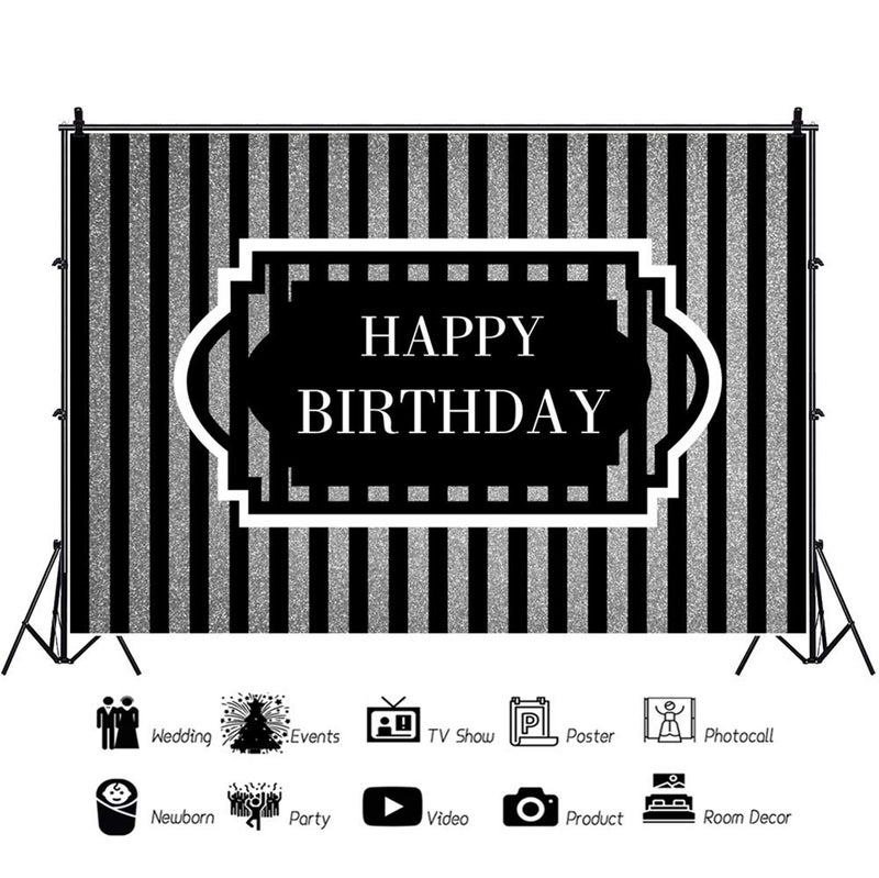 YongFoto 7x5ft Happy Birthday Backdrop for Men Black Silver Striped Bday Banner 40th 50th 60th Background Decorations for Men - Image 3